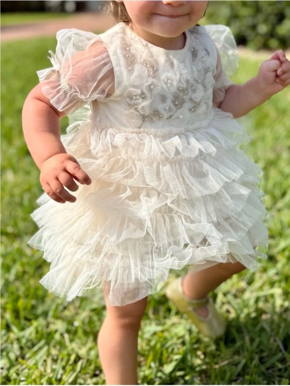 Tutu Du Monde Cream Tiered Ruffle Tulle Dress with Gold Sequin Embellishment